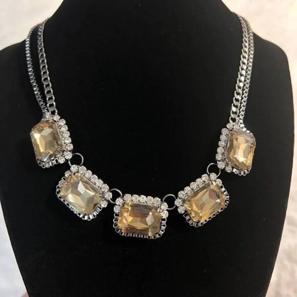FAUX CITRINE RHINESTONE GLASS SILVER TONE CHOKER DOUBLE CHAIN NECKLACE 16.5